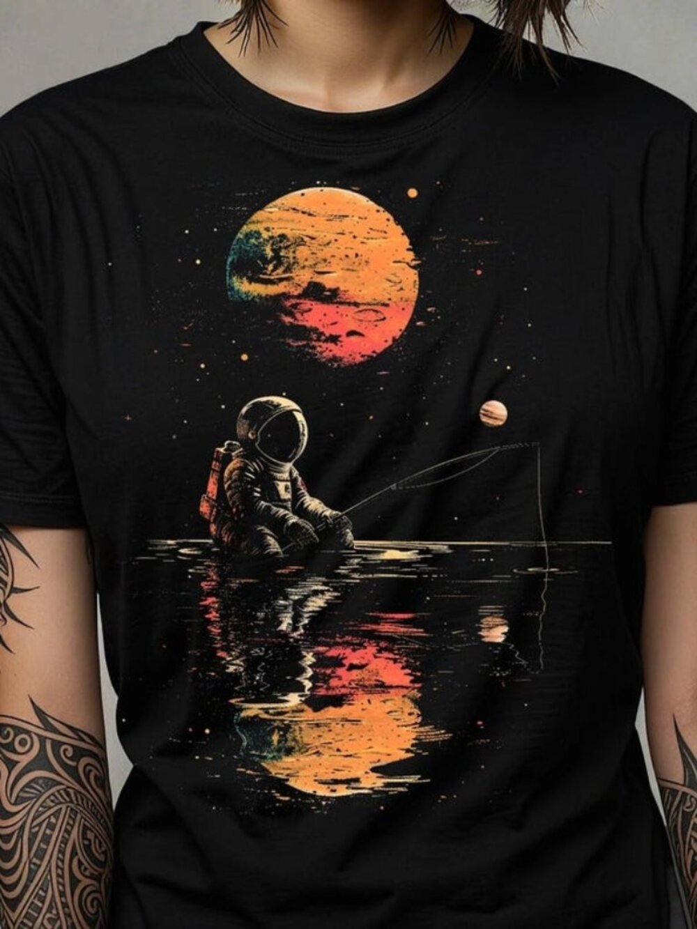 Astronaut Fishing T-shirt, Retro Space Cosmic Graphic Tee